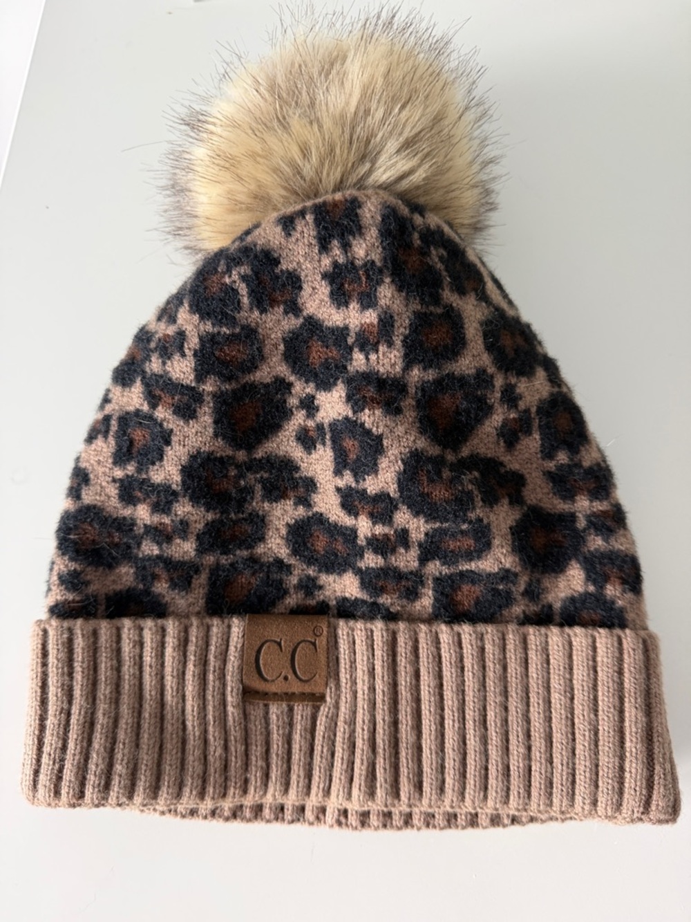 C.C women’s Leopard Pom Beanie - Taupe & Black